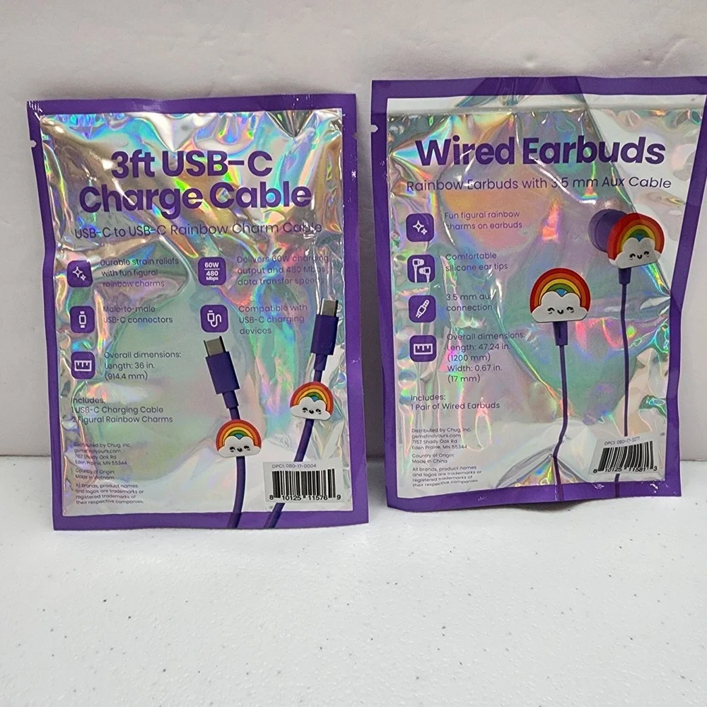 Purple Wired Earbuds 3.5 Aux Cable/ 3ft USB-C Charge Cable Rainbow Charms New
